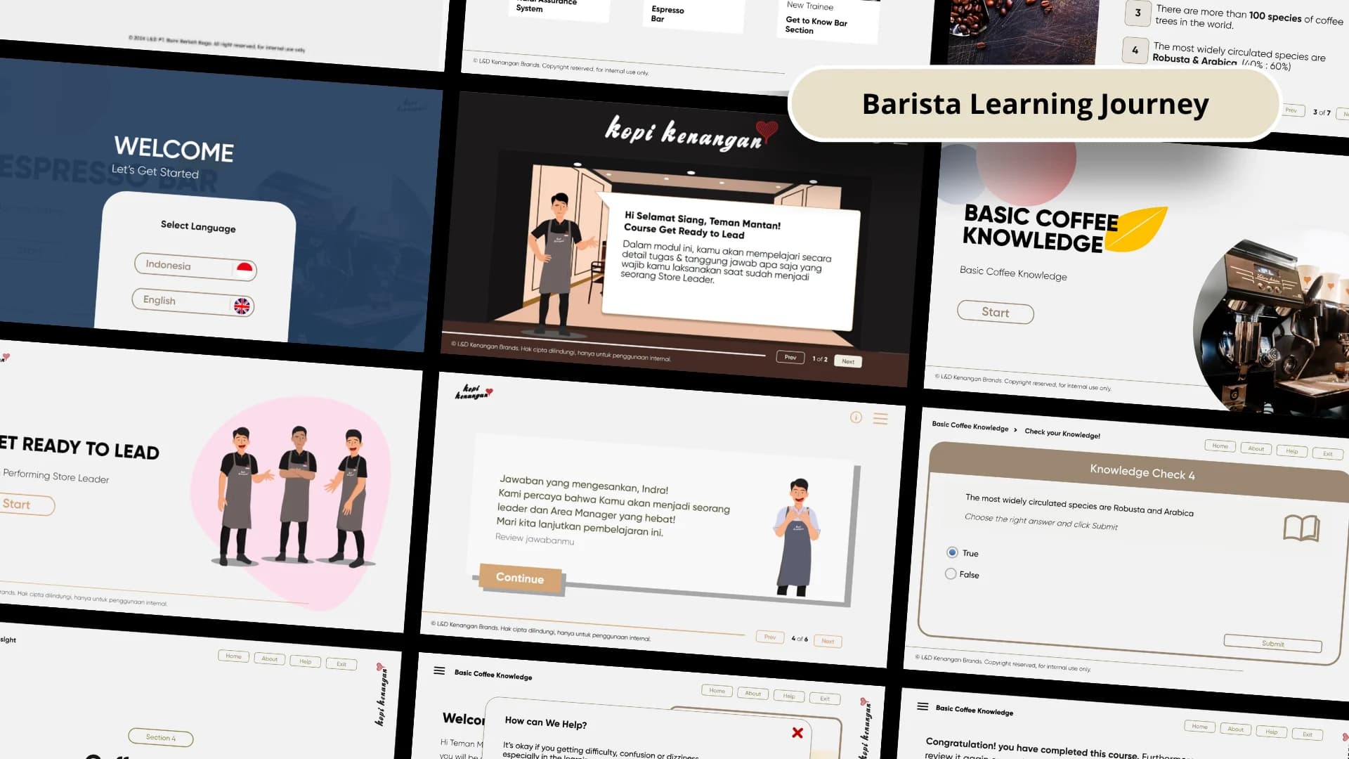 Screens from the Barista Learning Journey modules: language selection, a store leader scenario, Basic Coffee Knowledge, and a knowledge check