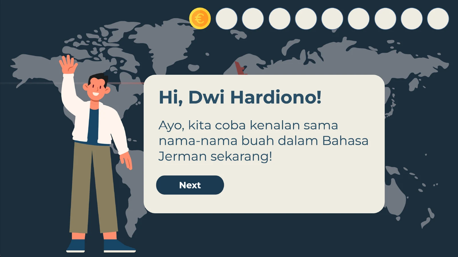 A character greets the learner by name and introduces the fruit vocabulary activity