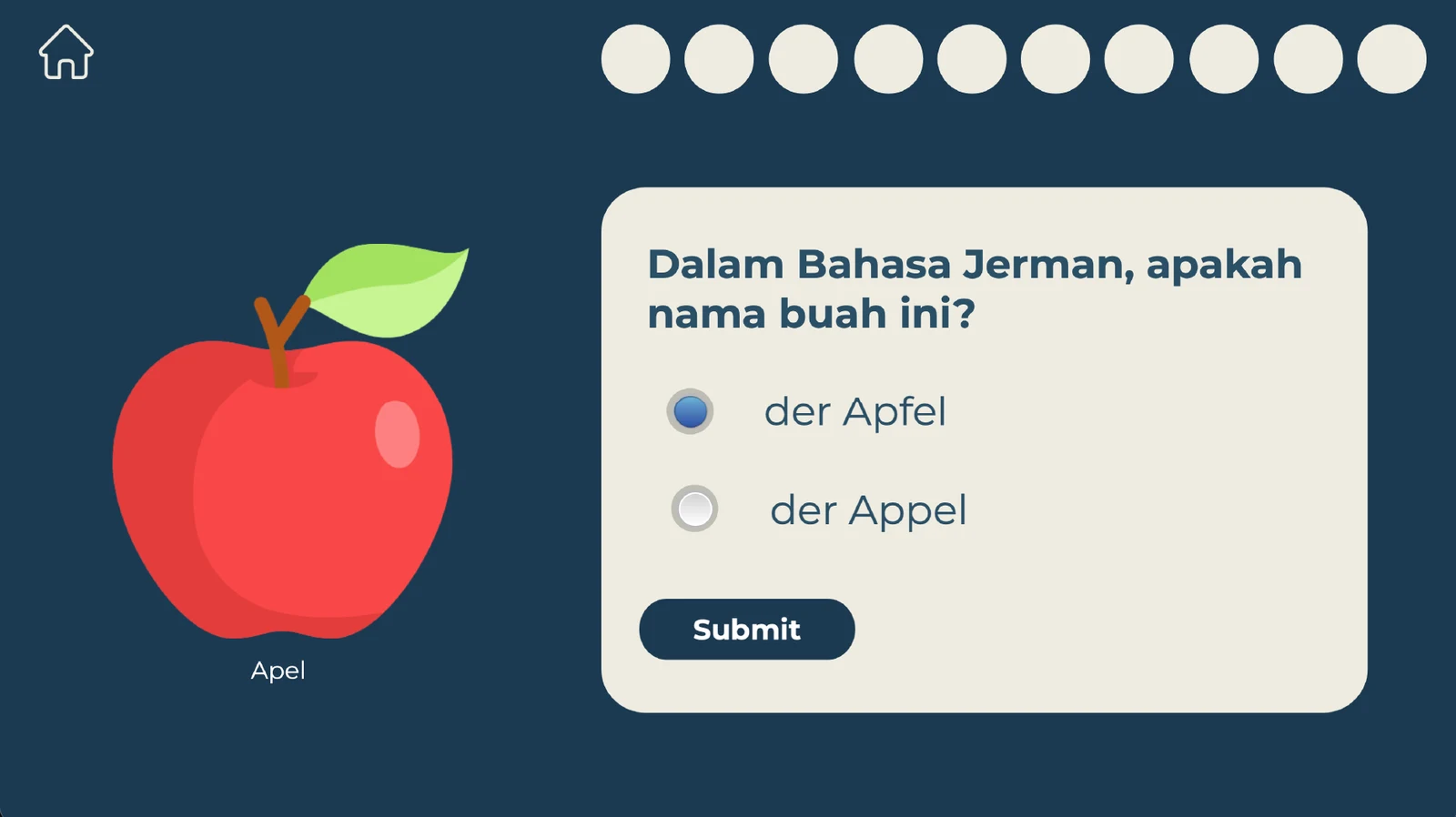 Multiple-choice question asking for the German word for apple, with a ten-coin progress bar