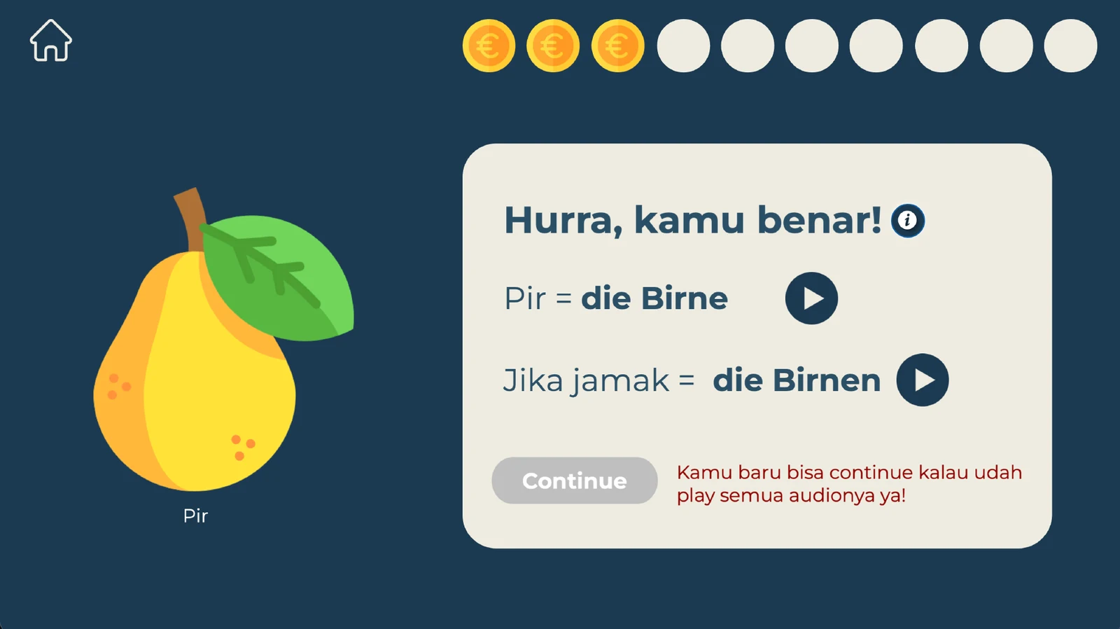 Correct-answer feedback with audio for the singular and plural forms of 'die Birne'