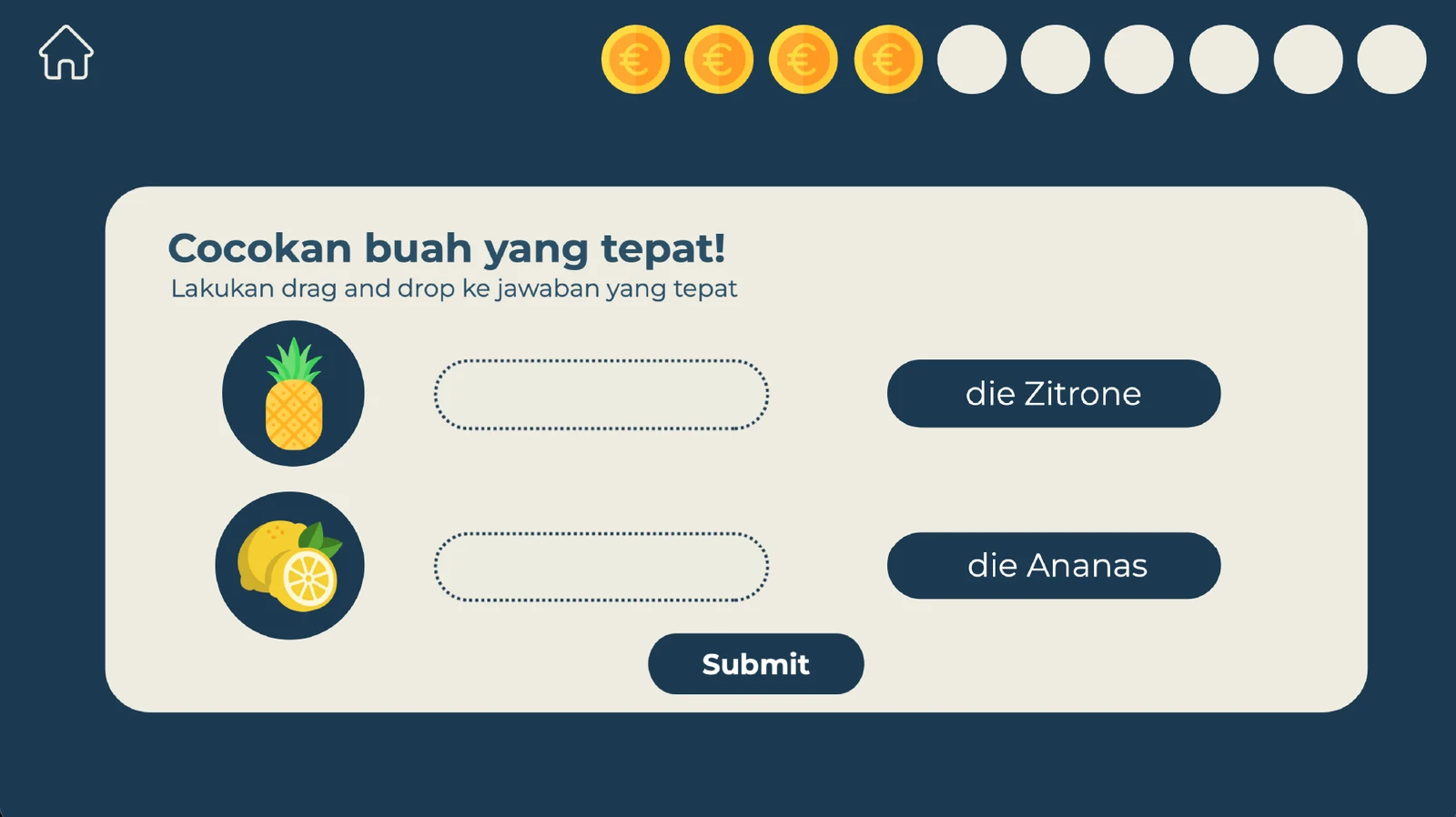 Drag-and-drop question matching fruit to 'die Zitrone' and 'die Ananas'