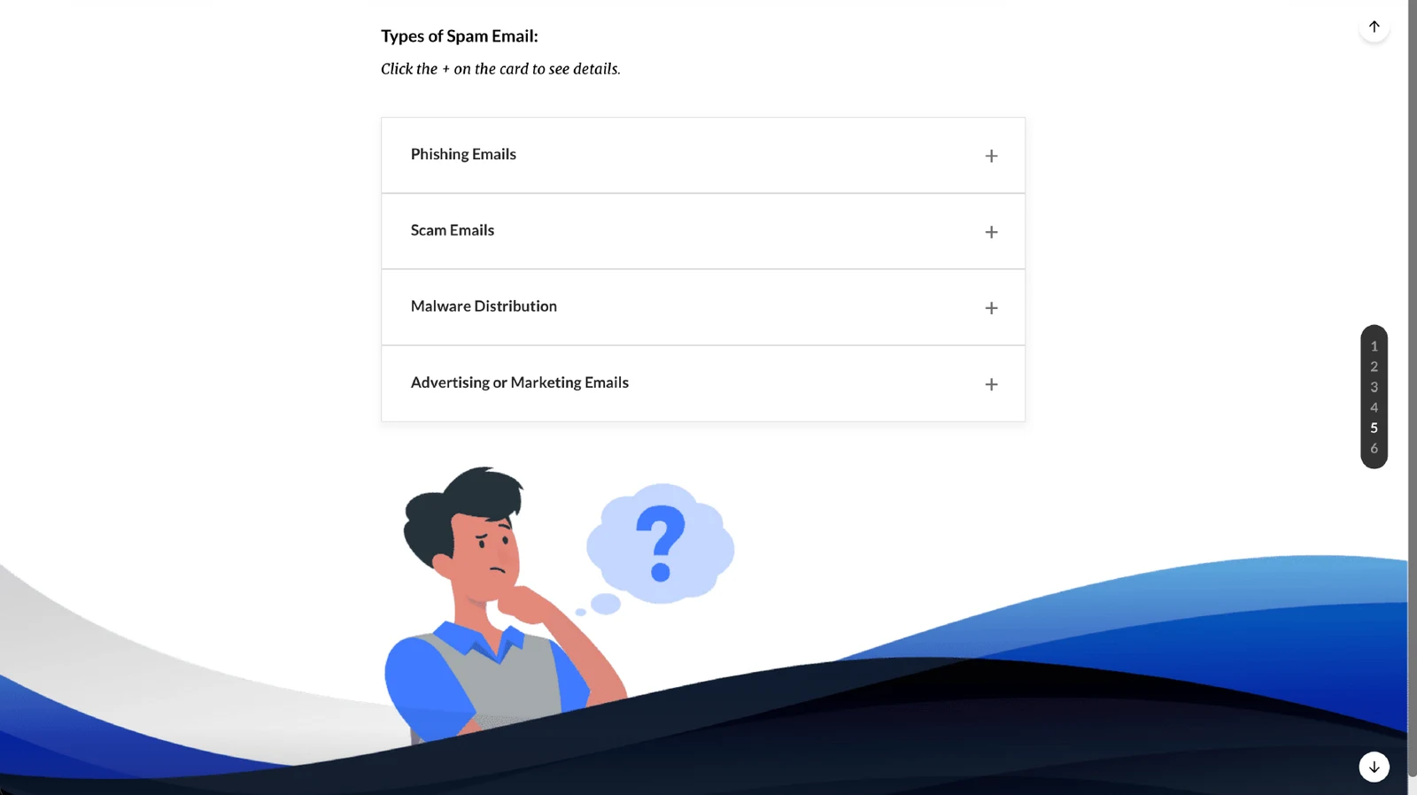 Interactive list of spam email types: phishing, scam, malware distribution, and advertising emails
